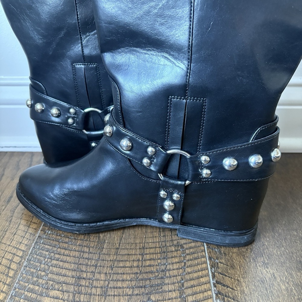 Jessica Simpson Black Milley Studded Moto Boots Silver Harness Hidden Wedge Sz11 - Picture 7 of 10